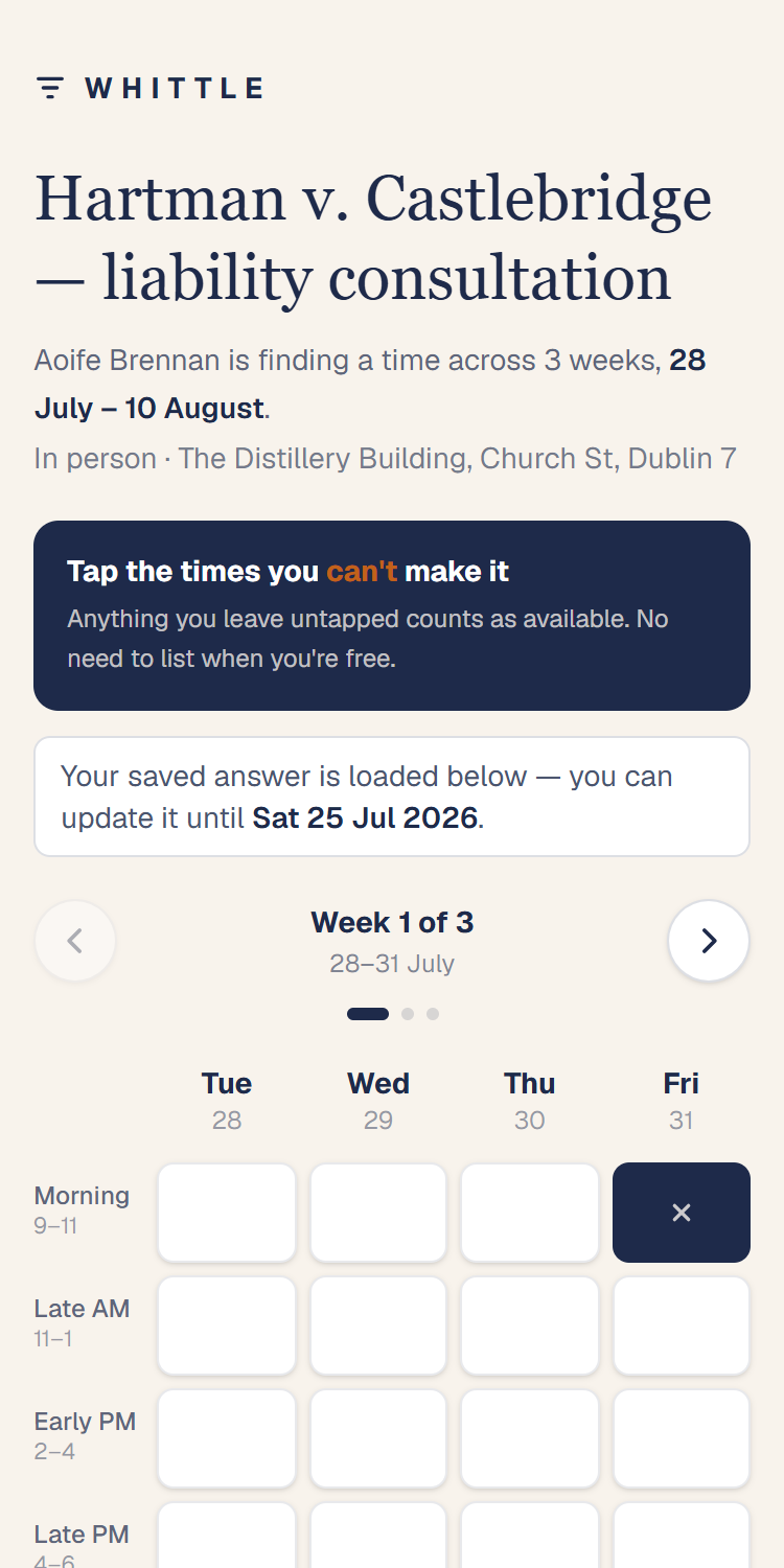 The attendee response page on a phone: a single page for marking the days you cannot do, with no login or account